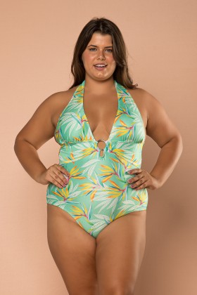 Body Maiô Sublimado Com Bojo Removível Com Decote E Detalhe Em Argola E Estampa De Fundo Verde E Folhas Coloridas E244