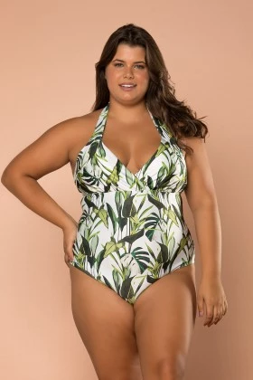 Body Maio Com Decote Transpassado Com Bojo Removível E Lacinho Nas Costas E Estampa De Fundo Branco E Folhas Em Tons De Verde E256