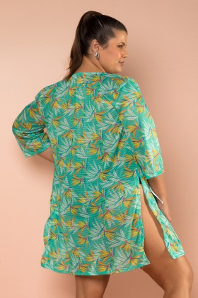 Kimono Com Estampa De Fundo Verde E Folhas Coloridas E244