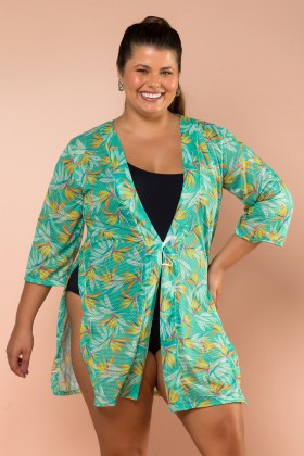 Kimono Com Estampa De Fundo Verde E Folhas Coloridas E244