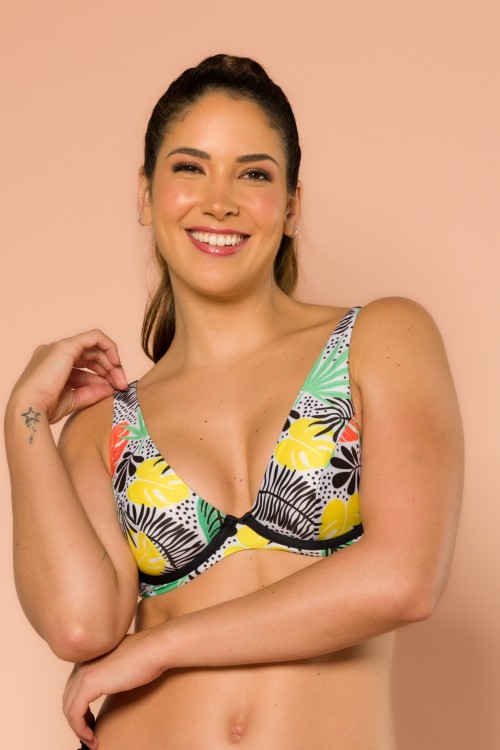 Top Biquini Cortinão Com Aro Com Estampa De Fundo Branco Tropical E246