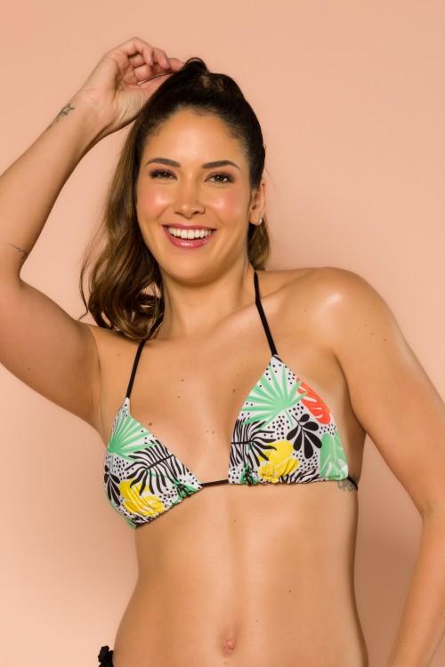 Top Biquini Cortininha Com Estampa De Fundo Branco Tropical E246