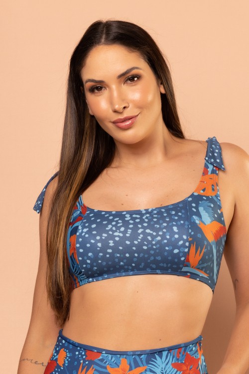 Cropped Biquini Com Alça de Amarrar e Bojo Removível  Estampa Arara  E282