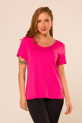 Blusa Manga Curta com Detalhe em Tela nas Costas Rosa Pink