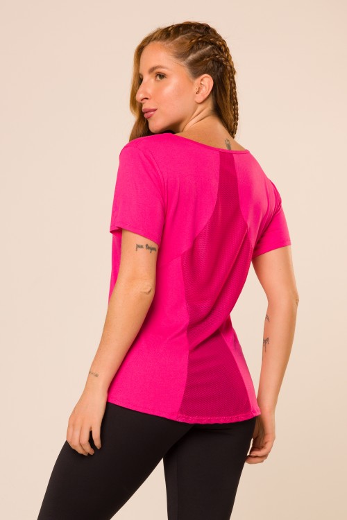 Blusa Manga Curta com Detalhe em Tela nas Costas Rosa Pink