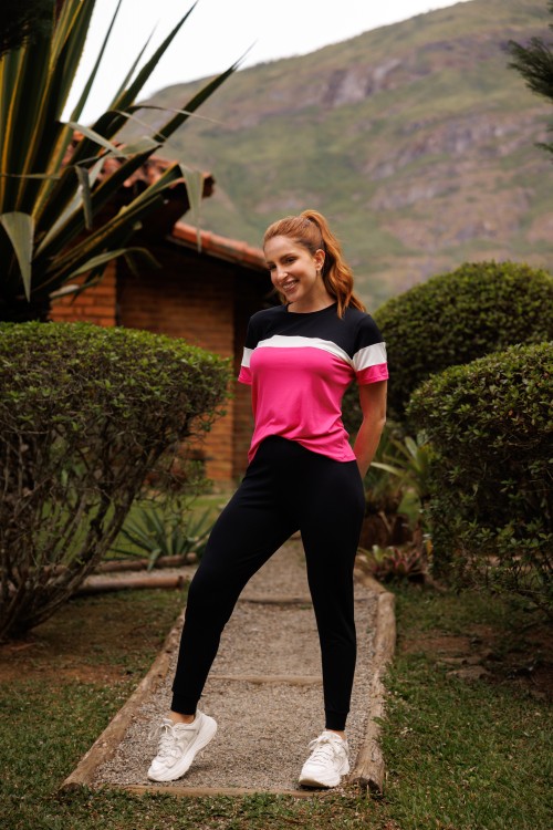 Conjunto Calça e Blusa Preto com Rosa