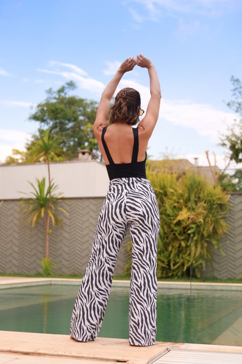 Calça Pantalona Franzida Na Cintura Estampa Zebra Viva E318