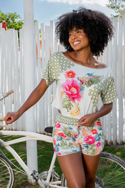 Conjunto Short e Cropped  Estampa Tropical E338