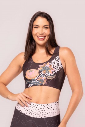 Top Fitness Zero Transparência Estampa Onça Floral E359