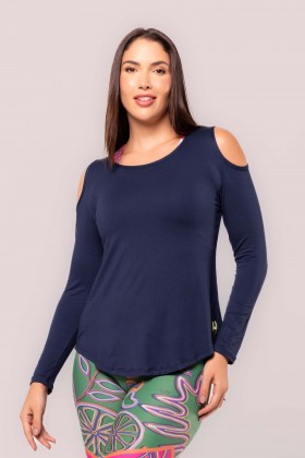 Blusa Viscose Manga Longa Detalhe no Ombro Azul Marinho