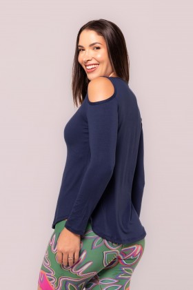 Blusa Viscose Manga Longa Detalhe no Ombro Azul Marinho