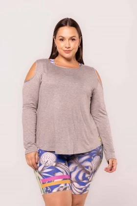 Blusa Viscose Manga Longa Detalhe no Ombro Cinza Mescla