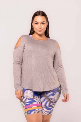 Blusa Viscose Manga Longa Detalhe no Ombro Cinza Mescla