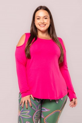 Blusa Viscose Manga Longa Detalhe no Ombro Rosa Pink