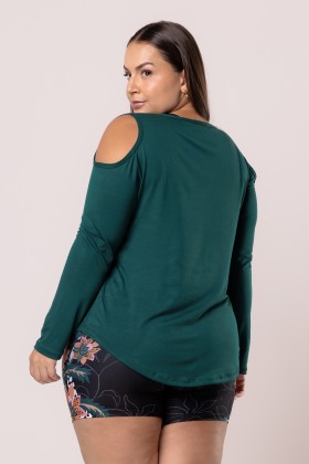 Blusa Viscose Manga Longa Detalhe no Ombro Verde Escuro