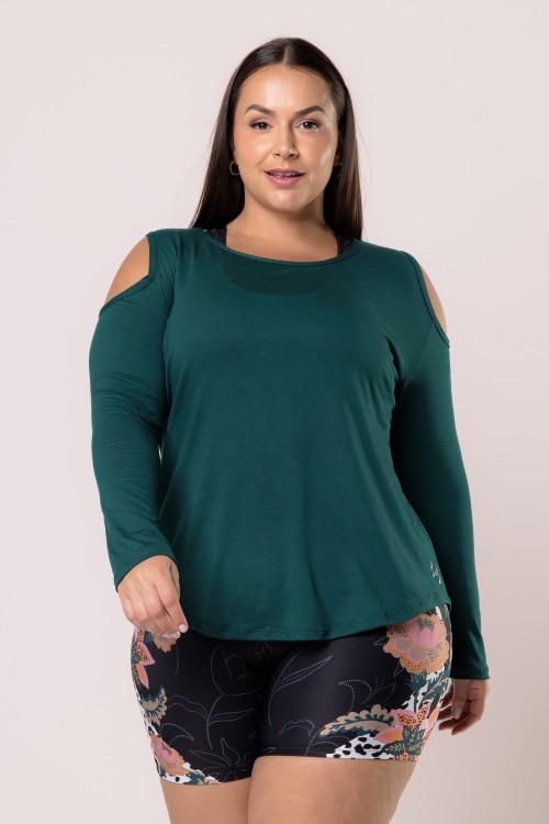 Blusa Viscose Manga Longa Detalhe no Ombro Verde Escuro