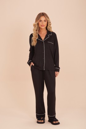 Pijama Feminino Camisaria Longo Preto