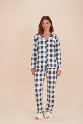 Pijama Feminino Longo Xadrez Azul Marinho