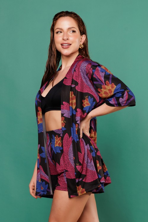 Conjunto Short e Kimono Estampa Pontilhismo