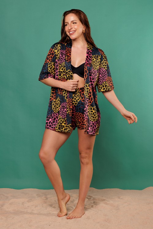 Conjunto Short e Kimono Estampa Jardim Noturno