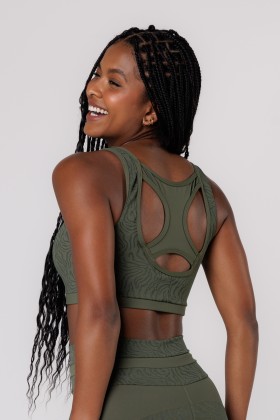 Top Fitness Decote Quadrado Com textura Verde Escuro