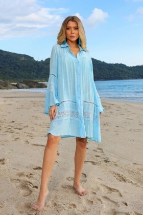Saída de praia Chemise com detalhes Em Renda Azul Claro