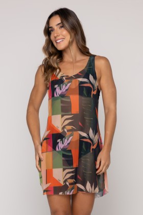Vestido Regatão de Tule Estampa Botânica