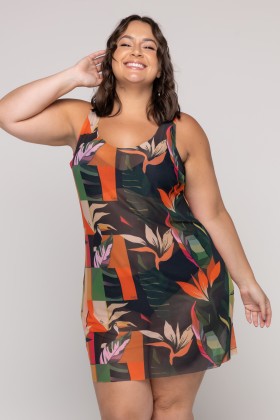 Vestido Regatão de Tule Estampa Botânica
