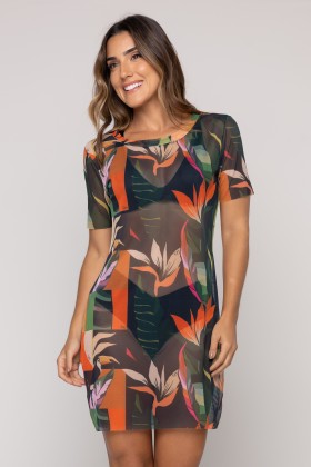 Vestido de Tule Estampa Botânica