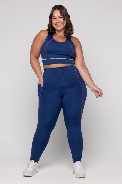 Calça Legging Preta Com Bolso e Pesponto Azul Marinho