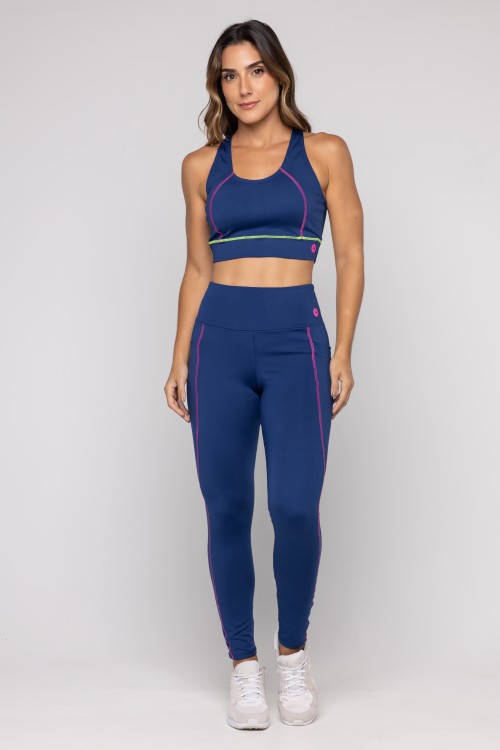 Calça Legging Preta Com Bolso e Pesponto Azul Marinho