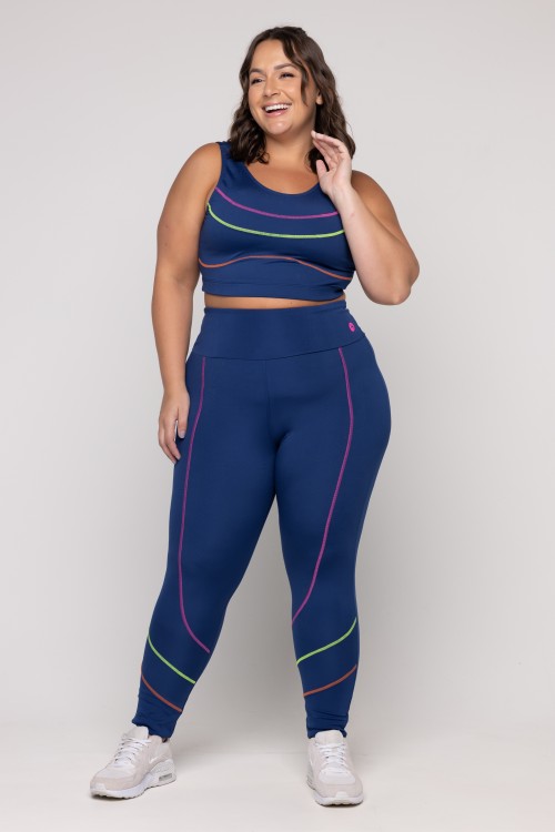 Calça Legging Preta Com Recortes e Pesponto Azul Marinho