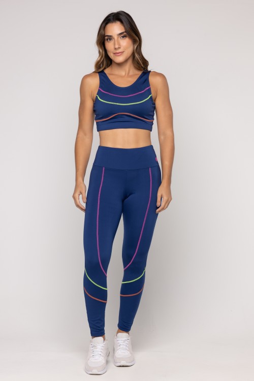 Calça Legging Preta Com Recortes e Pesponto Azul Marinho