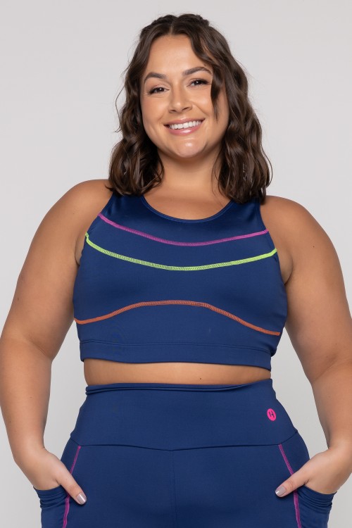 Top Fitness Azul Marinho e Pesponto Colorido