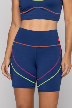 Bermuda Fitness  Azul Marinho com Recortes e Pesponto Coloridos