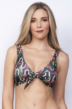 Top Biquini Com Decote Lacinho E Bojo Removível E Estampa De Folhas Verdes E Flores Vermelhas E Detalhe Bege E145
