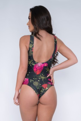 Body Maiô Com Bojo Removível E Decote Com Lacinho E Estampa De Flores Coloridas E listras Verde E195