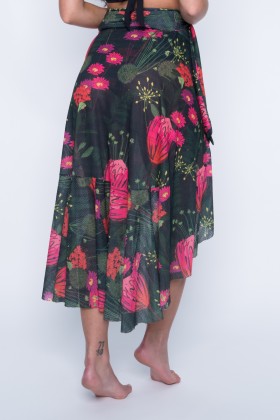 Saia Pareô Transpassada Com Babado E Estampa De Flores Coloridas E195