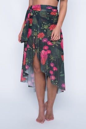 Saia Pareô Transpassada Com Babado E Estampa De Flores Coloridas E195